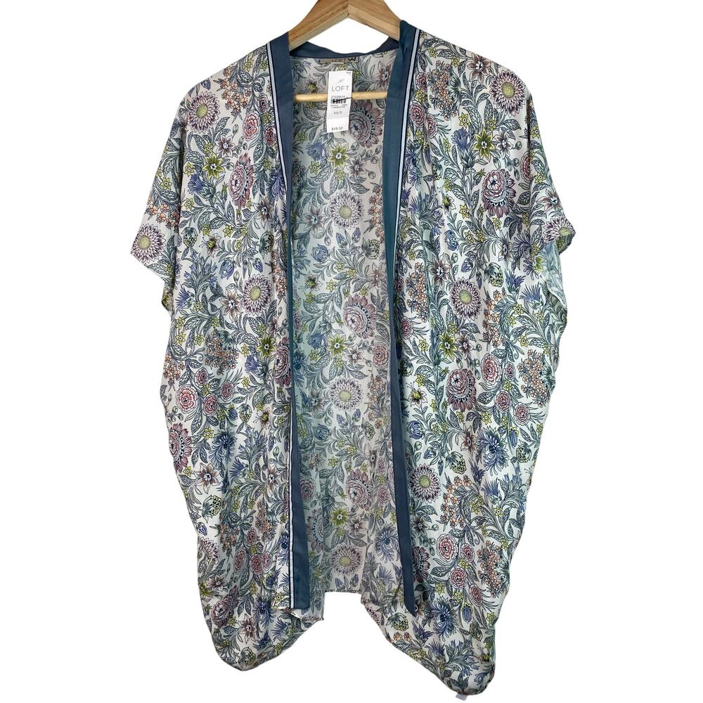 NWT Loft Women's XS Cream Gray‎ Floral Viscose Open Kimono Jacket *